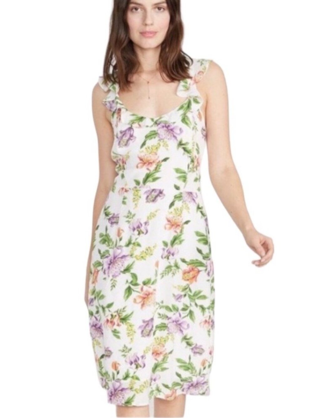 Amour‎ Vert Silk Floral Midi Dress Women's Large White Romantic Ruffle Sleeve - Picture 2 of 14